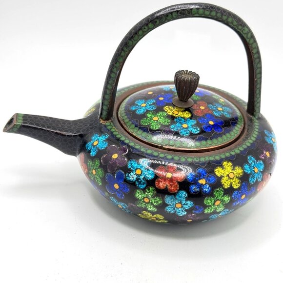 Cloisonné Vtg Floral Teapot Handle Lid Multicolor Enamel On Black Metal 5.5" - Picture 10 of 11